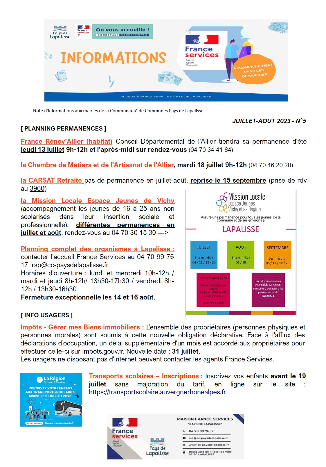 Lettre d'informations 2023 - N°5 Maison France Services Pays de Lapalisse 